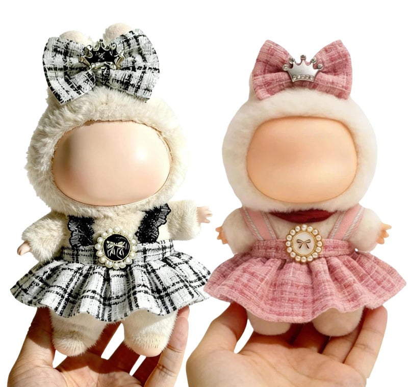 VVQUI 2 Pack Clothes for LABUBU 17cm Doll NO Dolls Black Plaid Outfit Hot Pink Plaid Dress Stylish Dress and Hairpin Set Fashion and Premium Dolls Outfit Accessories for LABUBU - Image 3