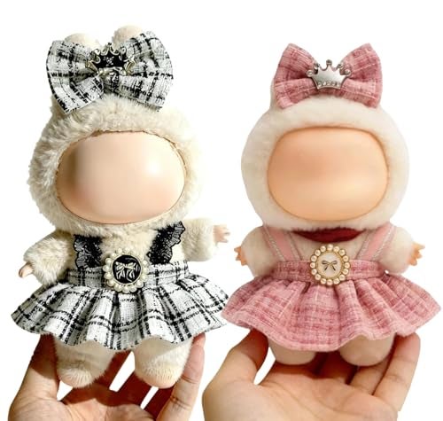 VVQUI 2 Pack Clothes for LABUBU 17cm Doll NO Dolls Black Plaid Outfit Hot Pink Plaid Dress Stylish Dress and Hairpin Set Fashion and Premium Dolls Outfit Accessories for LABUBU - Image 1