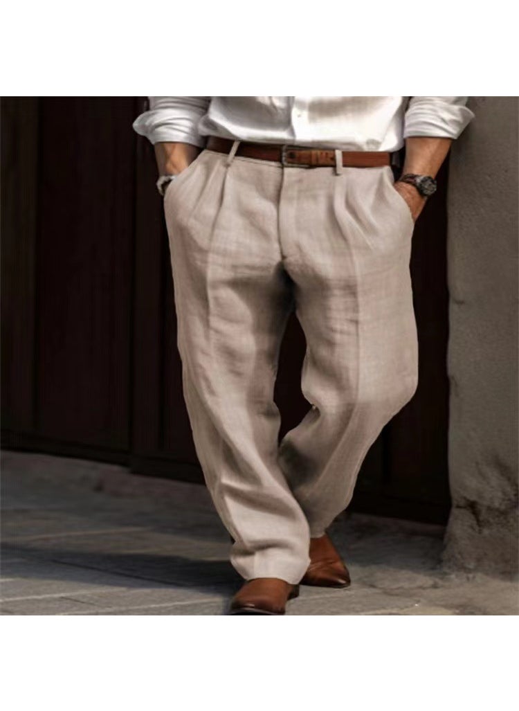 Generic - Mens Cotton Linen Blend Casual Straight Leg Trousers Breathable Solid Color Multi Pocket Comfortable All-Match Daily Holiday White - Image 1