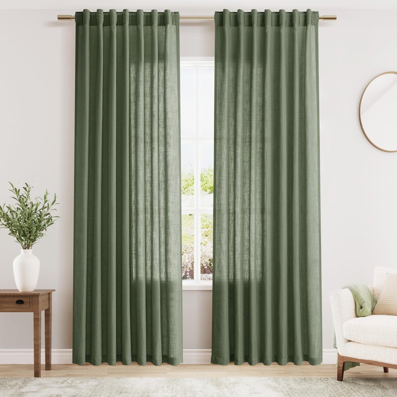 Nanspring Olive Green Linen Curtains 84 Inches Long for Living Room Back Tab Light Filtering Privacy Semi Sheer Curtains Modern Farmhouse Decor Olive Green Curtain for Bedroom 2 Panels 52x84 - Image 1