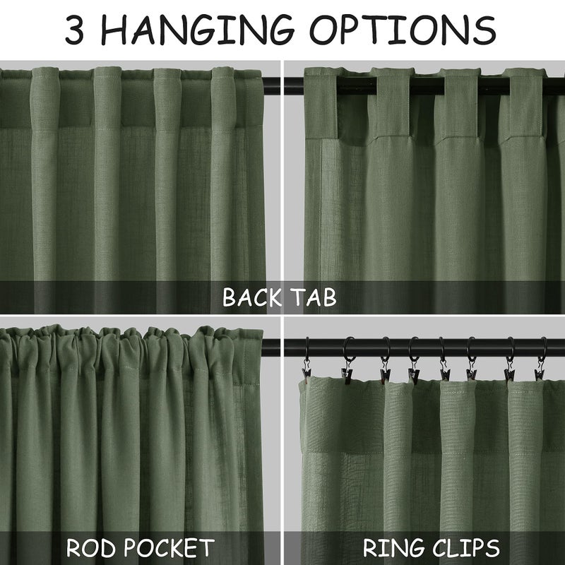 Nanspring Olive Green Linen Curtains 84 Inches Long for Living Room Back Tab Light Filtering Privacy Semi Sheer Curtains Modern Farmhouse Decor Olive Green Curtain for Bedroom 2 Panels 52x84 - Image 3