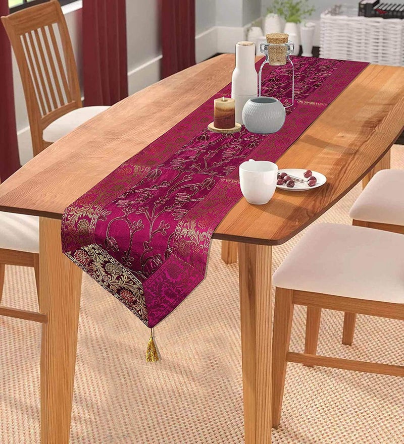 E Ezra Ari Zari Embroidery Table Runner for Dining Table 6 Seater 72IN Indian Satin Traditional Long Runner Up with Tassels Tablecloth for Room Home Runner Pink