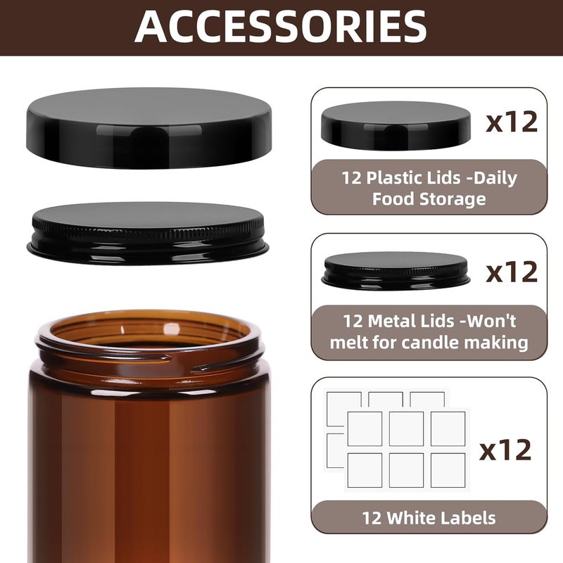 SKYLINK 8OZ 12Pack Glass Jars with plastic Lids with Metal Lids,Brown Round Empty Candle Jars with Airtight Lids,Small Mason Canning Jars for Food,Candle,Honey,Candy - Image 2