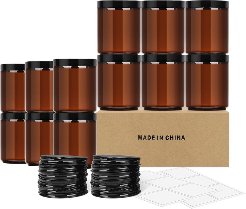 SKYLINK 8OZ 12Pack Glass Jars with plastic Lids with Metal Lids,Brown Round Empty Candle Jars with Airtight Lids,Small Mason Canning Jars for Food,Candle,Honey,Candy - Image 1