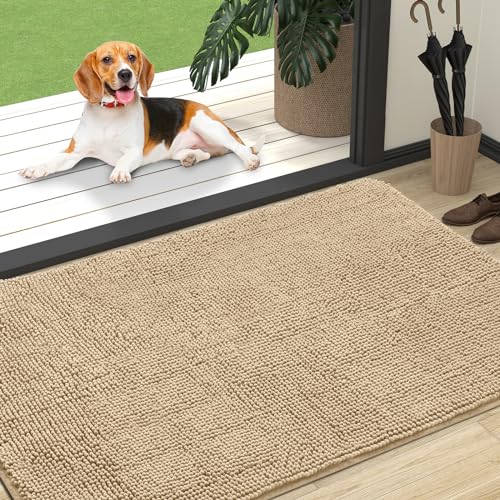 OLANLY Dog Door Mat for Muddy Paws 47x32 Absorbs Moisture and Dirt Absorbent NonSlip Washable Doormat Quick Dry Chenille Mud Mat for Dogs Entry Indoor Entryway Carpet for Inside Floor Beige