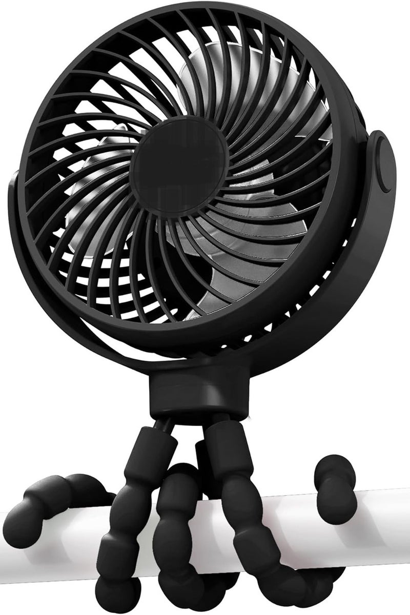 انفلكس مروحة عربة الأطفال بمشبك، تعمل ببطارية قابلة لإعادة الشحن بقوة 1200 مللي أمبير/ساعة، حامل ثلاثي مرن، 3 سرعات للرياح، تدور 360 درجة، مروحة تبريد صغيرة محمولة لمقعد السيارة وسرير الأطفال وعربة الجولف والدراجة وجهاز المشي، لون أسود