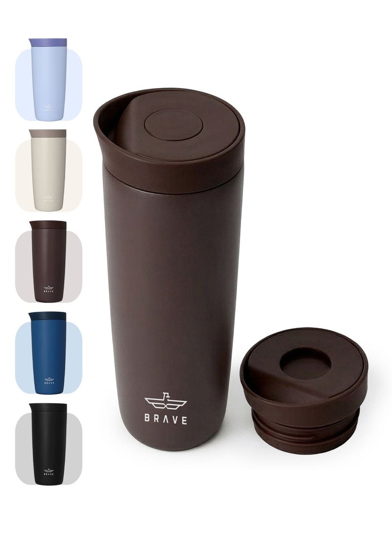 Brave 500ml Stainless Steel Tumbler | 16.9oz Insulated Coffee Cup | Iced Coffee Travel Mug | Hot Coffee Travel Mug | Double Wall Vacuum Insulated Thermos | Leakproof One-Touch Push Button Lid | Reusable Thermal Cup | BPA Free | Hot & Cold Drinks | Keeps Hot 8 Hours Cold 24 Hours | Coffee Tea Water Tumbler | Brown - Image 1