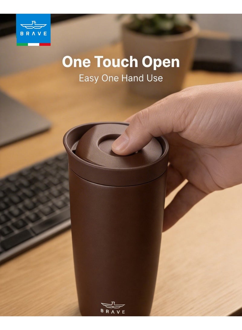 Brave 500ml Stainless Steel Tumbler | 16.9oz Insulated Coffee Cup | Iced Coffee Travel Mug | Hot Coffee Travel Mug | Double Wall Vacuum Insulated Thermos | Leakproof One-Touch Push Button Lid | Reusable Thermal Cup | BPA Free | Hot & Cold Drinks | Keeps Hot 8 Hours Cold 24 Hours | Coffee Tea Water Tumbler | Brown - Image 2