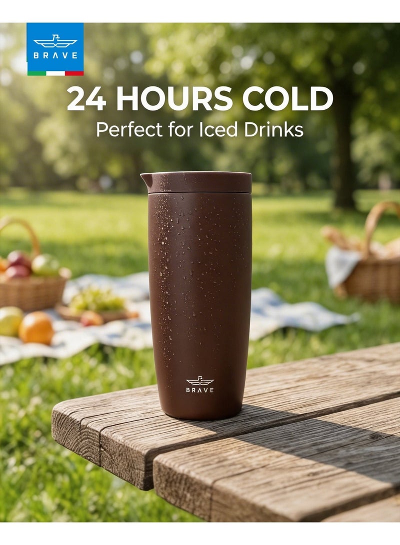 Brave 500ml Stainless Steel Tumbler | 16.9oz Insulated Coffee Cup | Iced Coffee Travel Mug | Hot Coffee Travel Mug | Double Wall Vacuum Insulated Thermos | Leakproof One-Touch Push Button Lid | Reusable Thermal Cup | BPA Free | Hot & Cold Drinks | Keeps Hot 8 Hours Cold 24 Hours | Coffee Tea Water Tumbler | Brown - Image 5