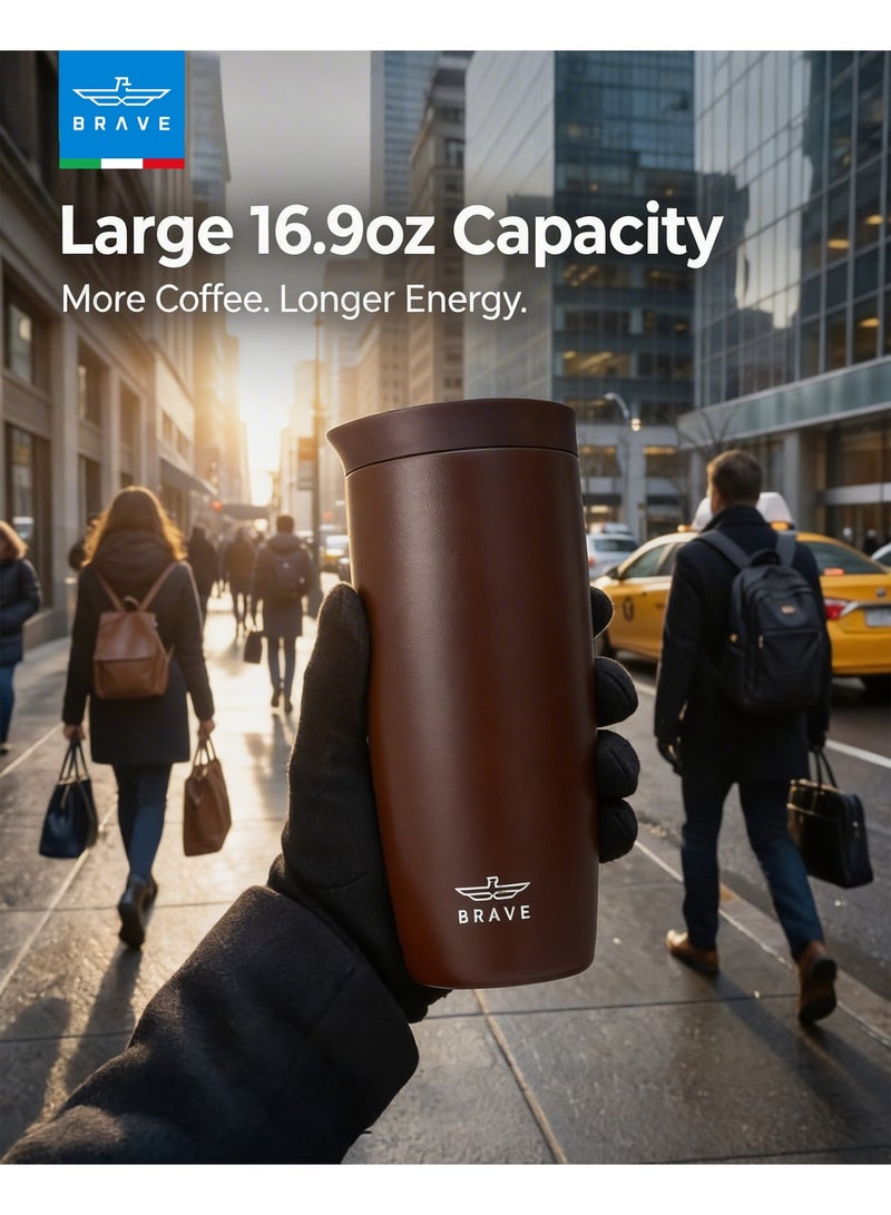 Brave 500ml Stainless Steel Tumbler | 16.9oz Insulated Coffee Cup | Iced Coffee Travel Mug | Hot Coffee Travel Mug | Double Wall Vacuum Insulated Thermos | Leakproof One-Touch Push Button Lid | Reusable Thermal Cup | BPA Free | Hot & Cold Drinks | Keeps Hot 8 Hours Cold 24 Hours | Coffee Tea Water Tumbler | Brown - Image 3