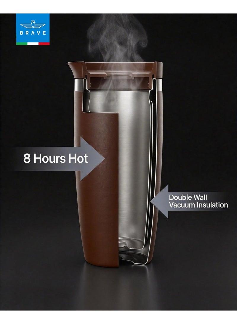 Brave 500ml Stainless Steel Tumbler | 16.9oz Insulated Coffee Cup | Iced Coffee Travel Mug | Hot Coffee Travel Mug | Double Wall Vacuum Insulated Thermos | Leakproof One-Touch Push Button Lid | Reusable Thermal Cup | BPA Free | Hot & Cold Drinks | Keeps Hot 8 Hours Cold 24 Hours | Coffee Tea Water Tumbler | Brown - Image 4