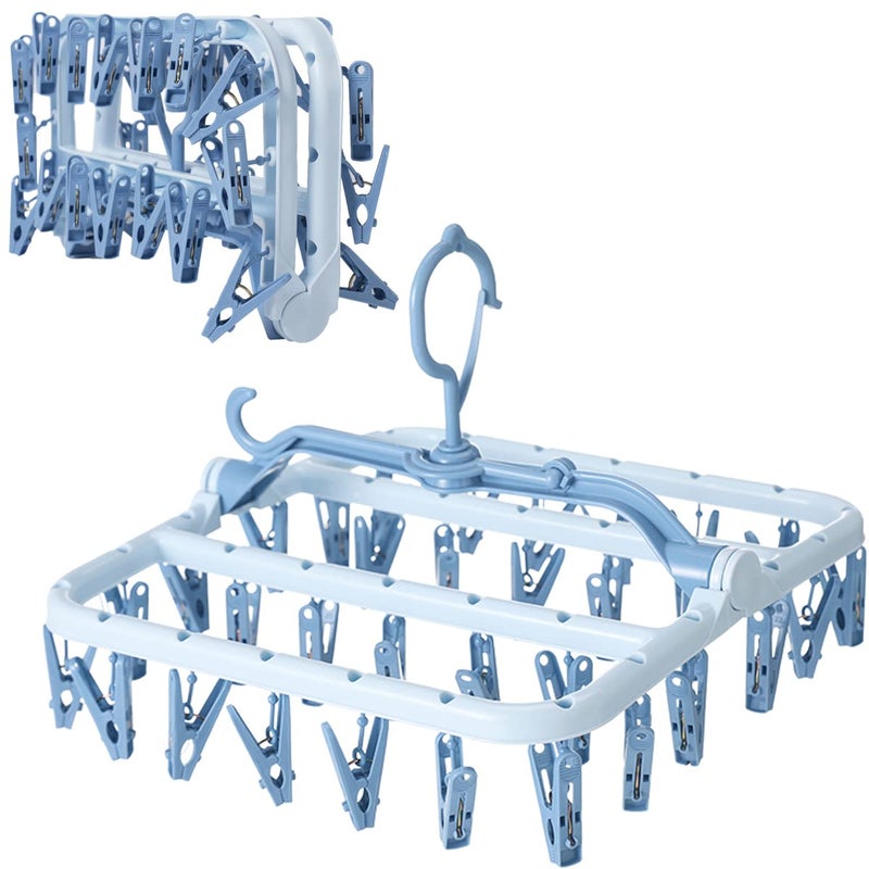 Foshine Clothes Drying Racks Foldable Clip Hangers Drip Hanger Plastic with 32 Drying Clips WindProof Hook Underwear Hanger for Socks Bras Blue