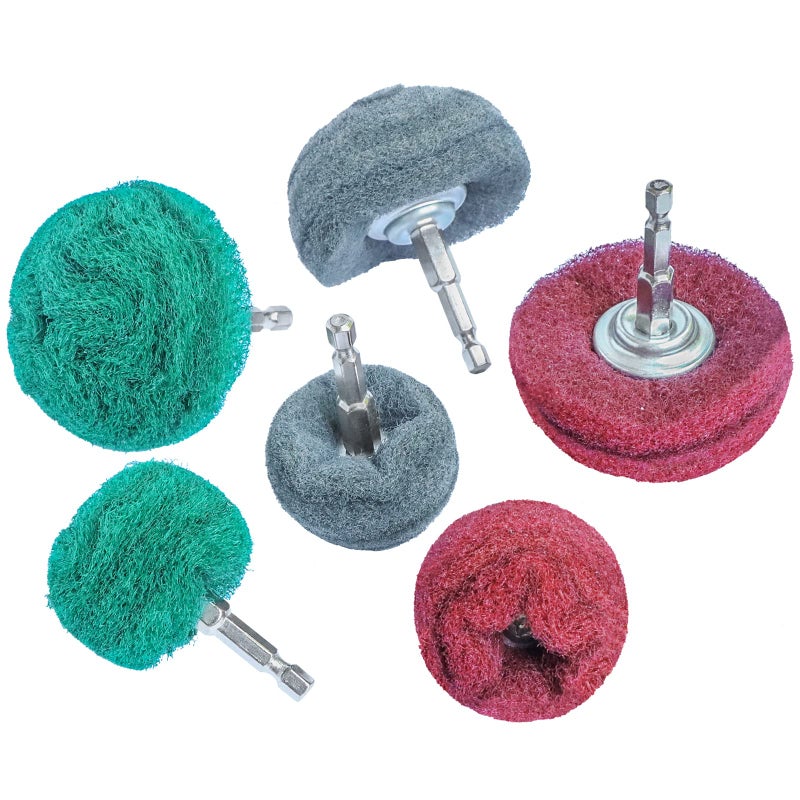 Hiqalty 6PCS Non Woven Abrasive Buffing Polishing Wheel Drill Attachment Set,Scouring Pads Power Scrubber Cleaning Kit, Power-Operated Abrasive Wheelsï¼ˆ Green red Gray 1/4â€ Shank - Image 1