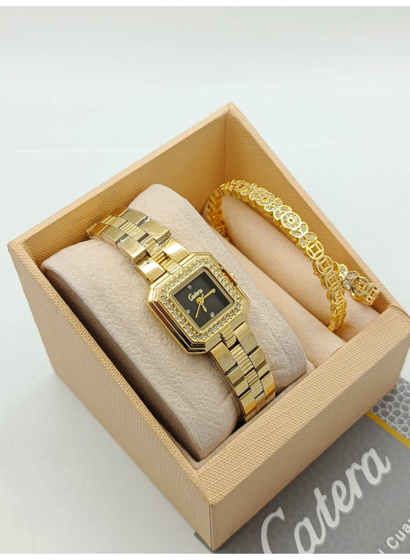 كاتيرا طقم هدية ساعة نسائية ضد الماء وبجودة عالية مع بنجر انيق وعلبة تغليف راقي-سوار ذهبي  مع ميناء اسود