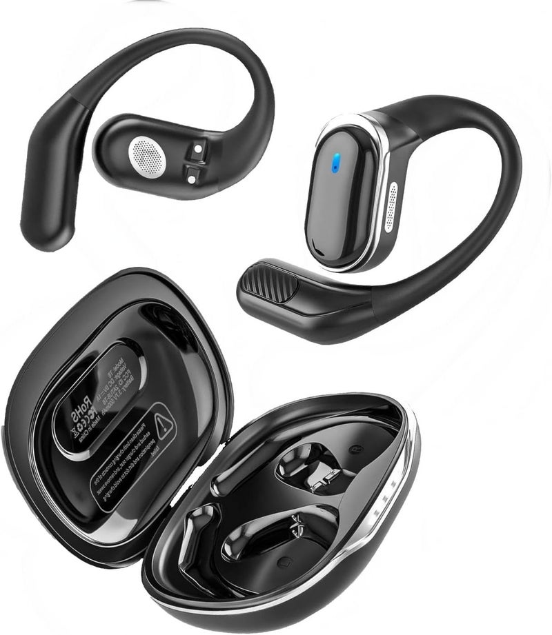 Open Ear Headphones, Wireless Bluetooth Earbuds, 80H Playtime Stereo Ear Buds with ENC Noise Cancelling, IPX7 Waterproof Over Ear Earphones with Earhook for Sports/Running/Gym/Workouts Black