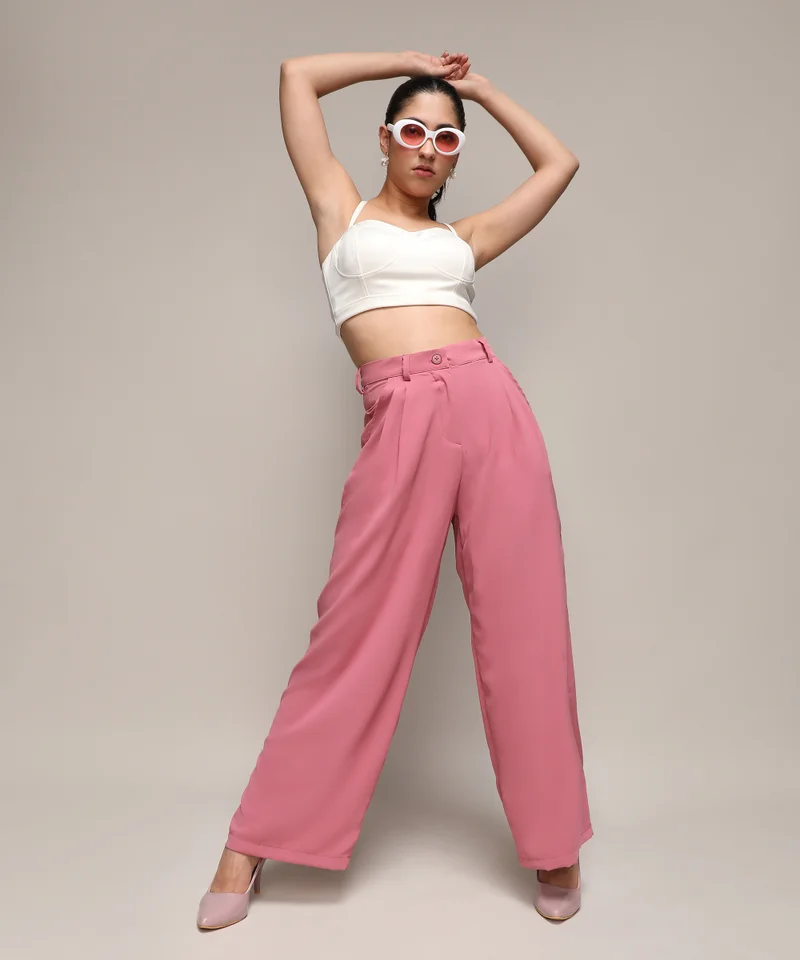 Pinacolada  Women's Salmon Pink Straight Fit Tailored Trousers For Casual Wear | 2 Pockets | Regular Fit | Button Closure | Pants Crafted With Comfort Fit For Everyday Wear for Women | Best Price UAE