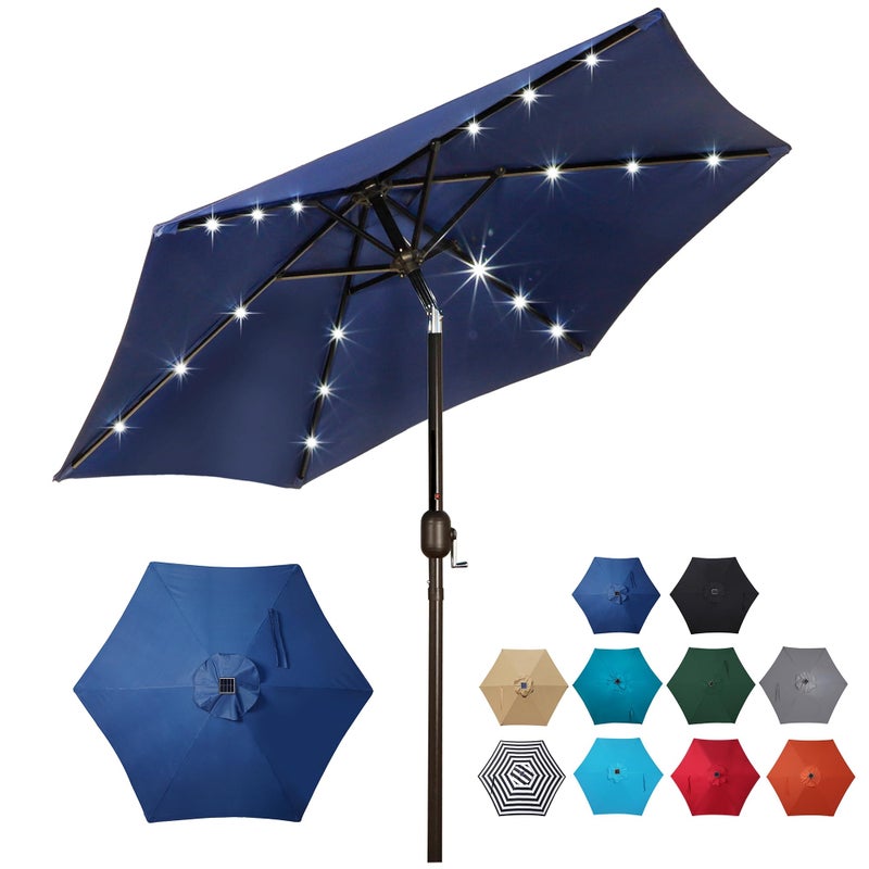 Blissun 7.5 ft Solar Umbrella 18 LED Lighted Patio Umbrella Table Market Umbrella with Tilt and Crank Outdoor Umbrella for Garden, Deck, Backyard, Pool and Beach (Navy Blue) - Image 1