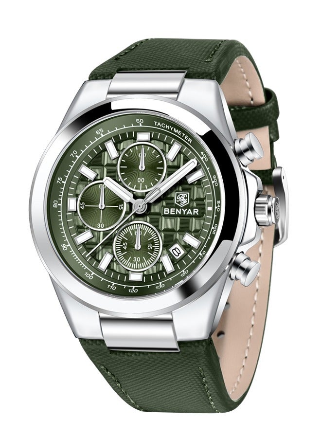 Fashionable Men's Watch Quartz Movement Simple Hands Style Leather Strap Waterproof Timing Code Watch Date Display Function,Silver Green