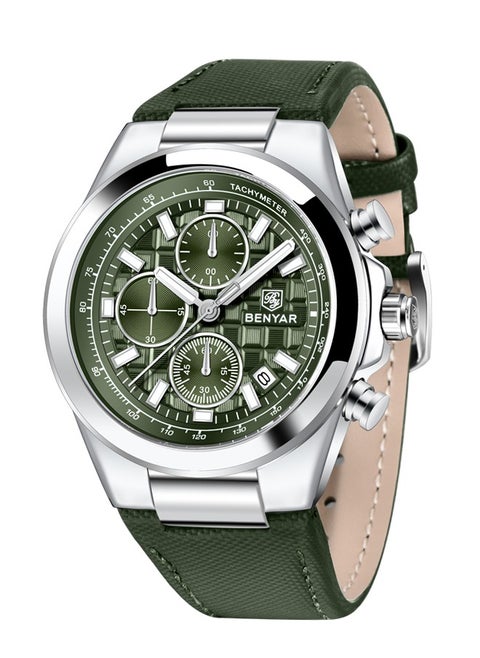 Fashionable Men's Watch Quartz Movement Simple Hands Style Leather Strap Waterproof Timing Code Watch Date Display Function,Silver Green