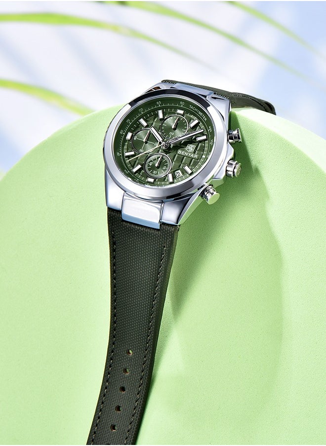 Fashionable Men's Watch Quartz Movement Simple Hands Style Leather Strap Waterproof Timing Code Watch Date Display Function,Silver Green