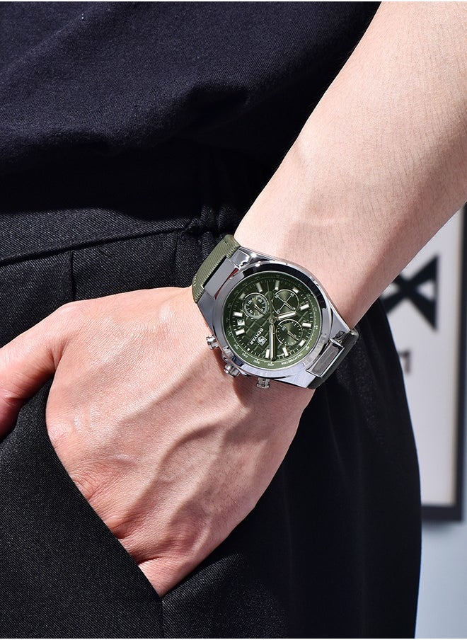 Fashionable Men's Watch Quartz Movement Simple Hands Style Leather Strap Waterproof Timing Code Watch Date Display Function,Silver Green
