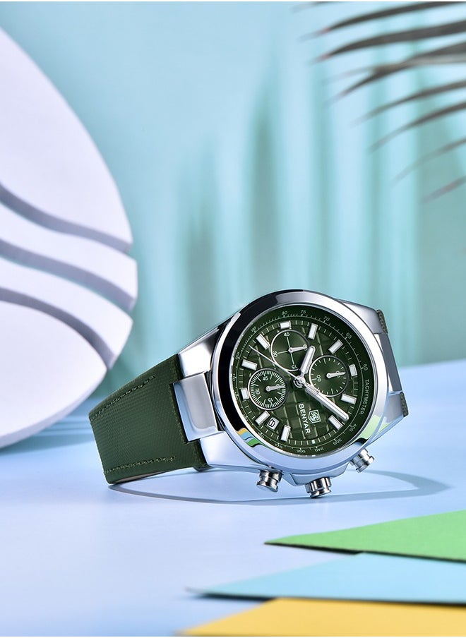 Fashionable Men's Watch Quartz Movement Simple Hands Style Leather Strap Waterproof Timing Code Watch Date Display Function,Silver Green