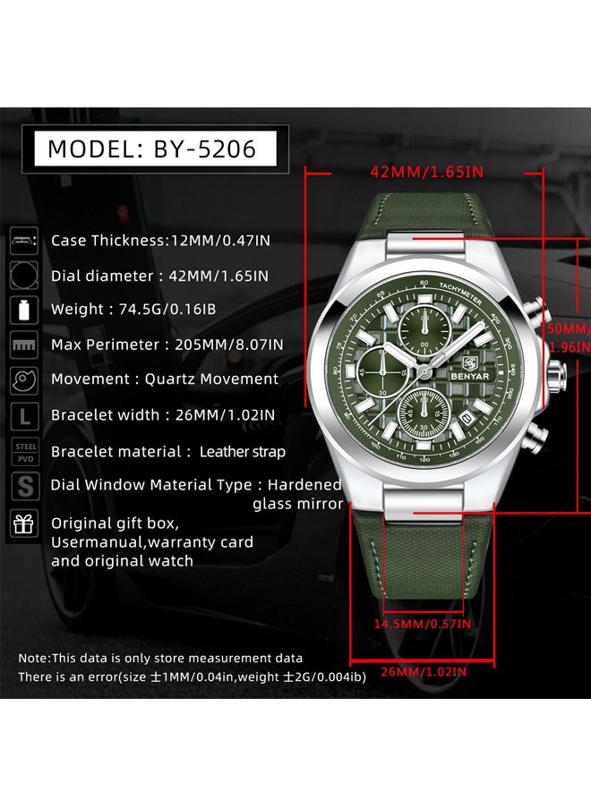 Fashionable Men's Watch Quartz Movement Simple Hands Style Leather Strap Waterproof Timing Code Watch Date Display Function,Silver Green