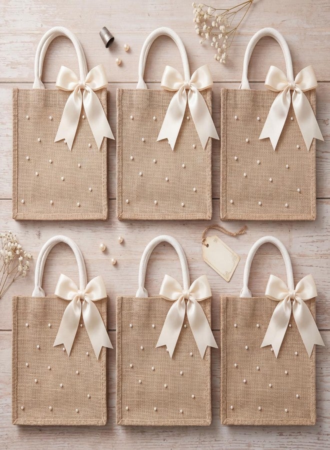 Wesnoy 6 Pcs Pearl Burlap Tote Bags with Handles Waterproof Reusable Jute Gift Bags with Ribbons Small 9.8 x 9.8 x 6.7 Grocery Bag for Women Bridesmaid Gift Beach Pool Shopping Wedding Travel - Image 1