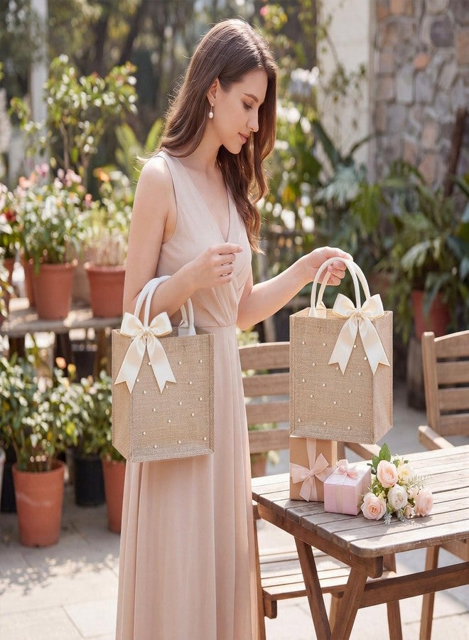 Wesnoy 6 Pcs Pearl Burlap Tote Bags with Handles Waterproof Reusable Jute Gift Bags with Ribbons Small 9.8 x 9.8 x 6.7 Grocery Bag for Women Bridesmaid Gift Beach Pool Shopping Wedding Travel - Image 2
