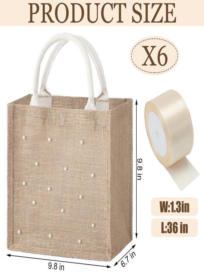 Wesnoy 6 Pcs Pearl Burlap Tote Bags with Handles Waterproof Reusable Jute Gift Bags with Ribbons Small 9.8 x 9.8 x 6.7 Grocery Bag for Women Bridesmaid Gift Beach Pool Shopping Wedding Travel - Image 4