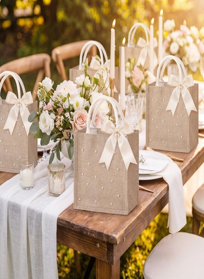 Wesnoy 6 Pcs Pearl Burlap Tote Bags with Handles Waterproof Reusable Jute Gift Bags with Ribbons Small 9.8 x 9.8 x 6.7 Grocery Bag for Women Bridesmaid Gift Beach Pool Shopping Wedding Travel - Image 3
