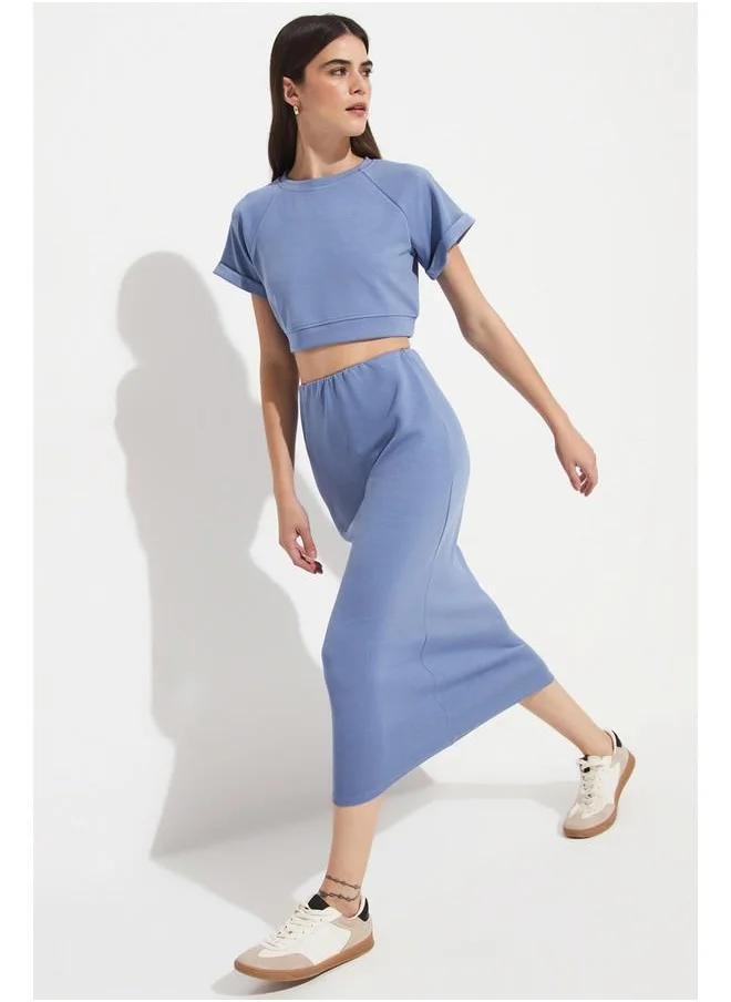 JUNE June Women Crop Midi Skirt Set Blue