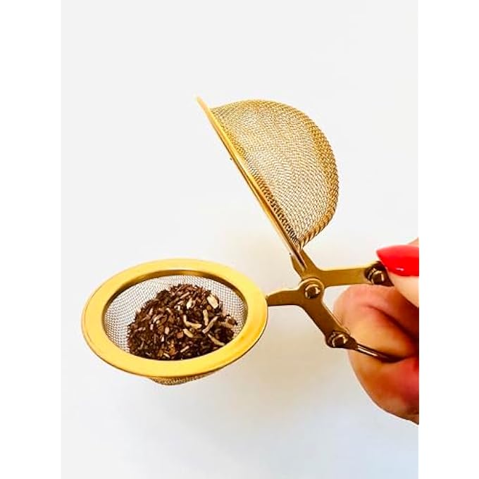 ريحني مصفاة شاي ذهبية مكونة من قطعتين لأوراق الشاي السائبة مع مصفاة شبكية دقيقة مغلفة كهدية في كيس من الأورجانزا مصفاة شاي فاخرة لأوراق الشاي السائبة مصافي شاي فلتر صغير لأوراق الشاي السائبة معدني - Image 2