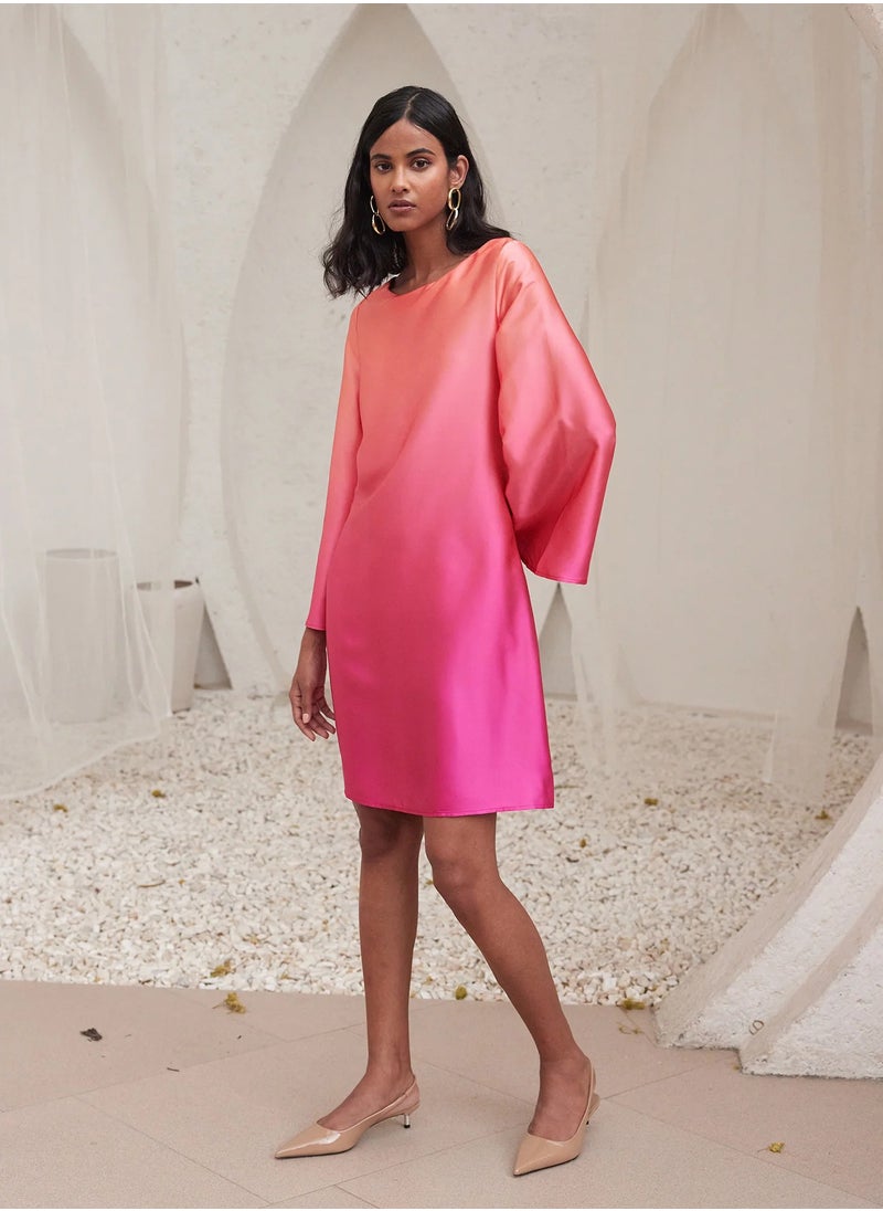 Salt Attire Women's Ombre Finish Shift Dress - Elegant Boat Neckline, Knee Length Design, Full-Length Bell Sleeves, and Convenient Side Zip Closure for Effortless Style  - Image 2