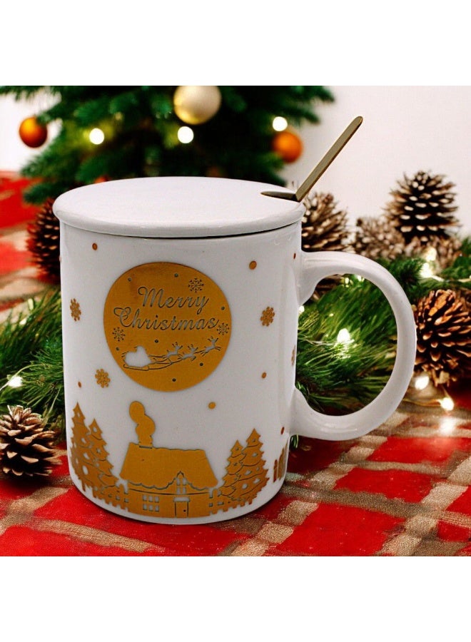 كوب مج عيد الميلاد، كوب قهوة مع غطاء  سيراميكي وملعقة  بورسلين عيد الميلاد مع قبضة مريحة، مج بتصميم سانتا كلوز، كوب للكريسماس، كوب شوكولاتة ساخنة، كوب هدية (ابيض) - Image 1