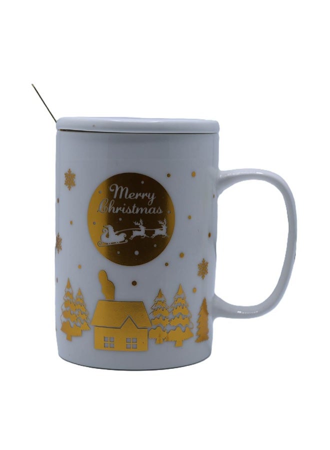 كوب مج عيد الميلاد، كوب قهوة مع غطاء  سيراميكي وملعقة  بورسلين عيد الميلاد مع قبضة مريحة، مج بتصميم سانتا كلوز، كوب للكريسماس، كوب شوكولاتة ساخنة، كوب هدية (ابيض) - Image 2