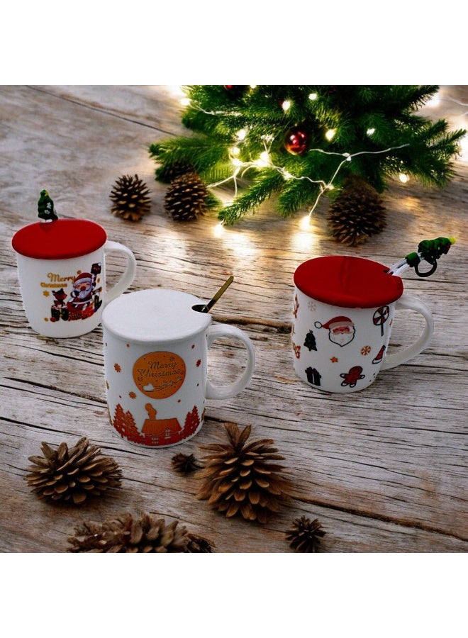 كوب مج عيد الميلاد، كوب قهوة مع غطاء  سيراميكي وملعقة  بورسلين عيد الميلاد مع قبضة مريحة، مج بتصميم سانتا كلوز، كوب للكريسماس، كوب شوكولاتة ساخنة، كوب هدية (ابيض) - Image 3