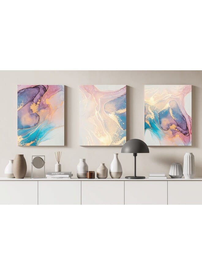 Home Gallery Set Of 3 Of Abstract Wall Art Canvas Pink Blue Gold Marble - Image 1