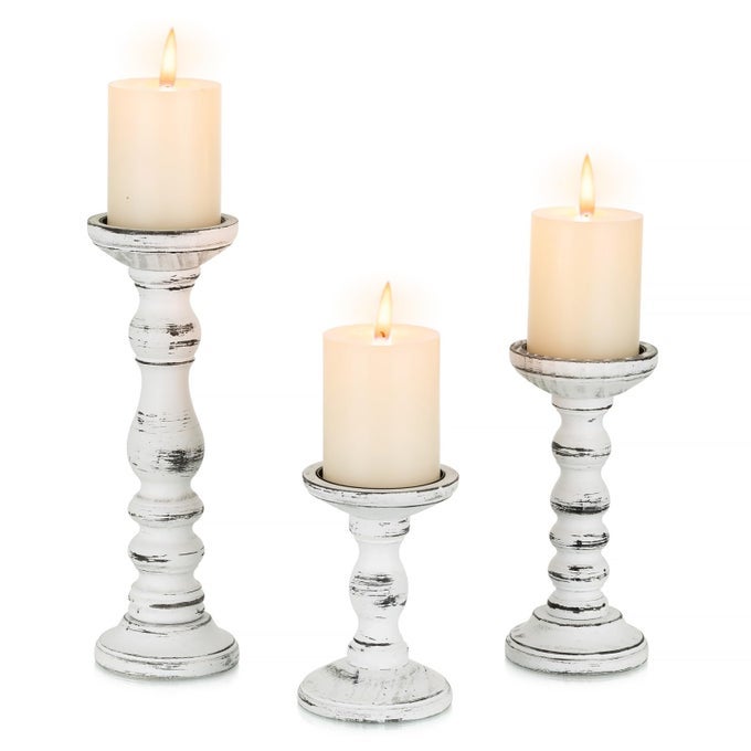 WOOD CANDLE HOLDERS FOR PILLAR RUSTIC CANDLES HOLDER SET OF 3 TALL TABLE CENTERPIECE DECOR WOODEN WHITE FARMHOUSE DECORATIONS FOR FIREPLACE MANTLE