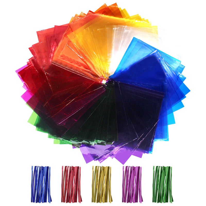 Cinvo 160 Pcs Cellophane Sheets Multi-Colored See Through Colorful Sheets with Twist Ties Cello Wraps for DIY Arts and Crafts, Treats Candy Wrapping Party Supplies (7.5 x 7.5 Inch) - Image 1