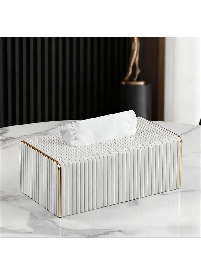 Luxury Gold Trim Tissue Box Cover, PU Leather Decorative Desktop Tissue Holder, Vertical Stripe Waterproof Dustproof Napkin Container for Bathroom, Bedroom, Living Room, Office and Car - Image 1