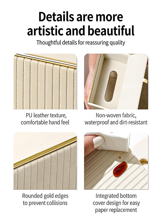 Luxury Gold Trim Tissue Box Cover, PU Leather Decorative Desktop Tissue Holder, Vertical Stripe Waterproof Dustproof Napkin Container for Bathroom, Bedroom, Living Room, Office and Car - Image 5