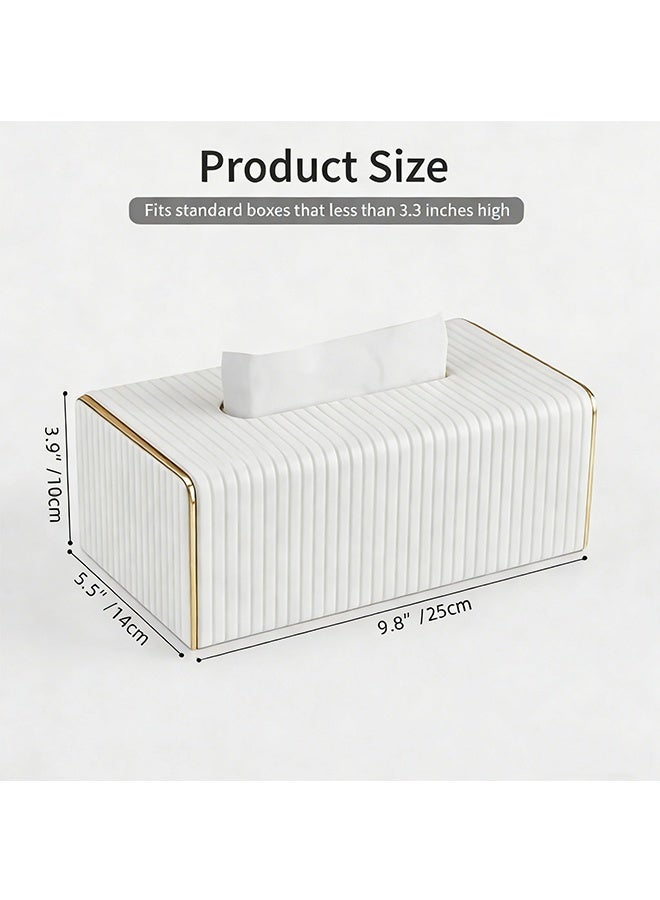 Luxury Gold Trim Tissue Box Cover, PU Leather Decorative Desktop Tissue Holder, Vertical Stripe Waterproof Dustproof Napkin Container for Bathroom, Bedroom, Living Room, Office and Car - Image 2