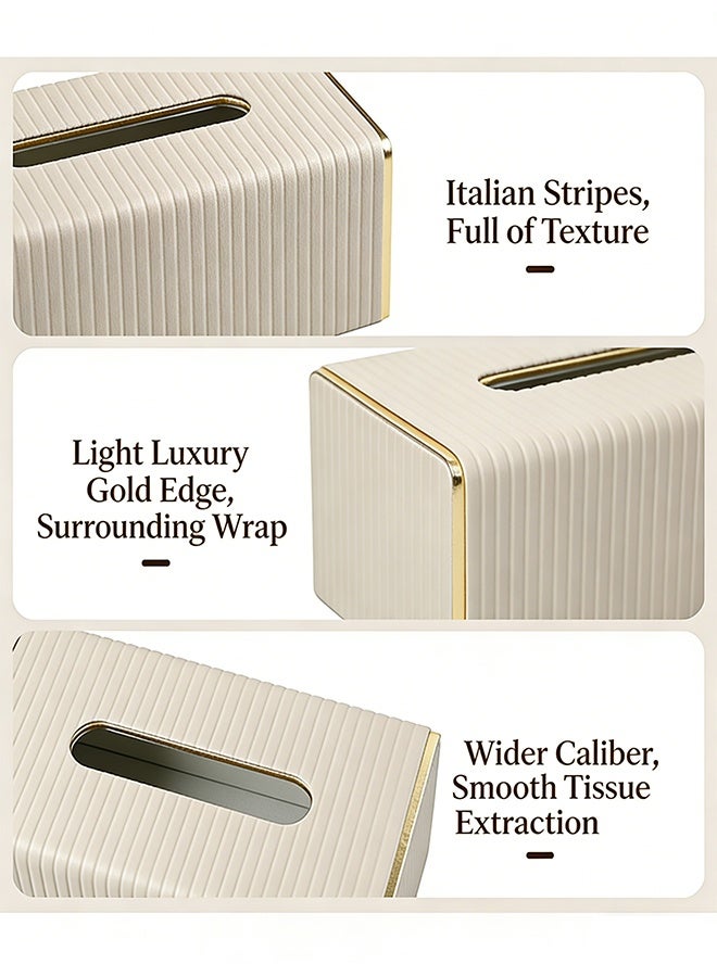 Luxury Gold Trim Tissue Box Cover, PU Leather Decorative Desktop Tissue Holder, Vertical Stripe Waterproof Dustproof Napkin Container for Bathroom, Bedroom, Living Room, Office and Car - Image 4