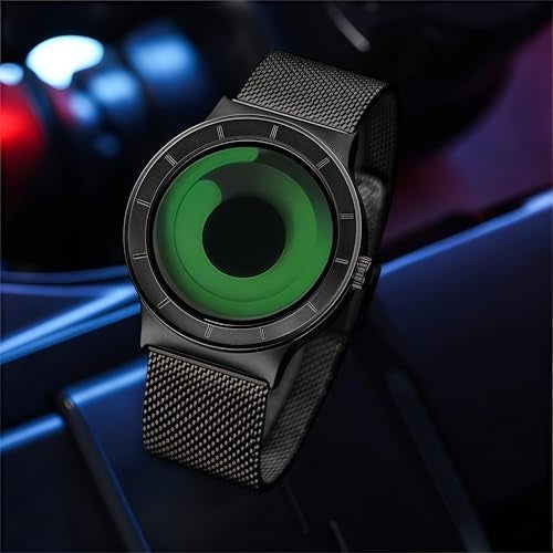 MASTOP Watches for Men Fashion Creative Liquid Movement Original Design Starry Sky Vortex Watch Men Steel Mesh Mens Watch Clock Round Unique Wristwatch Minimalist Gradient Color Black Green - Image 3