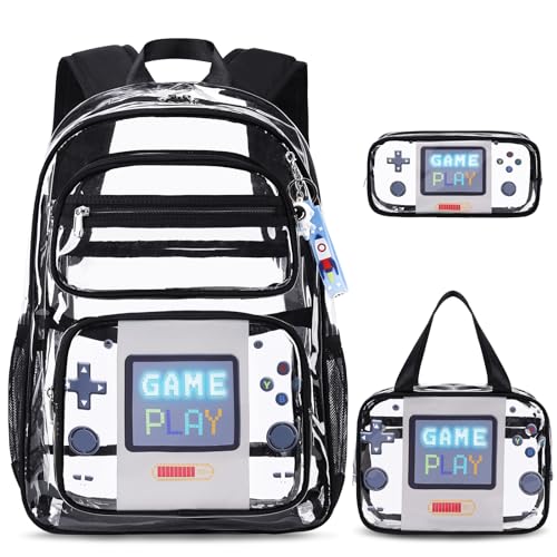 ACESAK Clear Backpack for Boys Girls 3 Pcs Clear Heavy Duty with Lunch Bag See Through Backpack Stadium Approved Black Game - Image 1