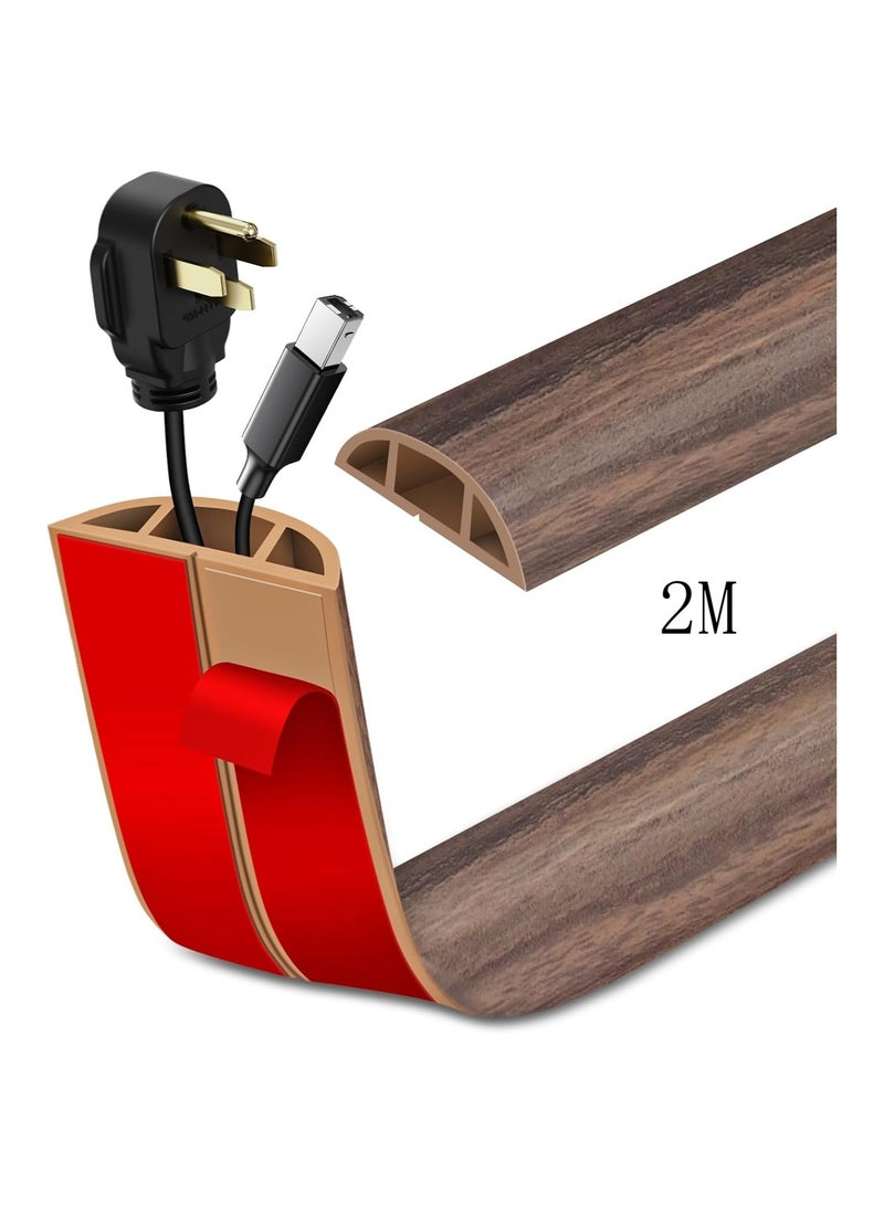 DELGREEN Floor Cord Cover Cable Cavity, 2m Self Adhesive Cord Hider Floor Low Profile Floor Cable Management Wire Cover Floor Electric Cord Covers for Home Office Garage Offices Gym Brown Wood  - Image 1
