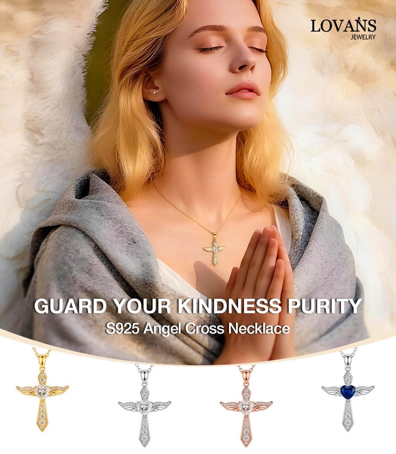 Lovans 925 Sterling Silver Cross Necklaces for Women,14K White Gold Plated Angel Wings Cross Pendant Necklace with Cubic Zirconia - Image 2