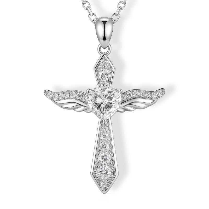 Lovans 925 Sterling Silver Cross Necklaces for Women,14K White Gold Plated Angel Wings Cross Pendant Necklace with Cubic Zirconia - Image 1