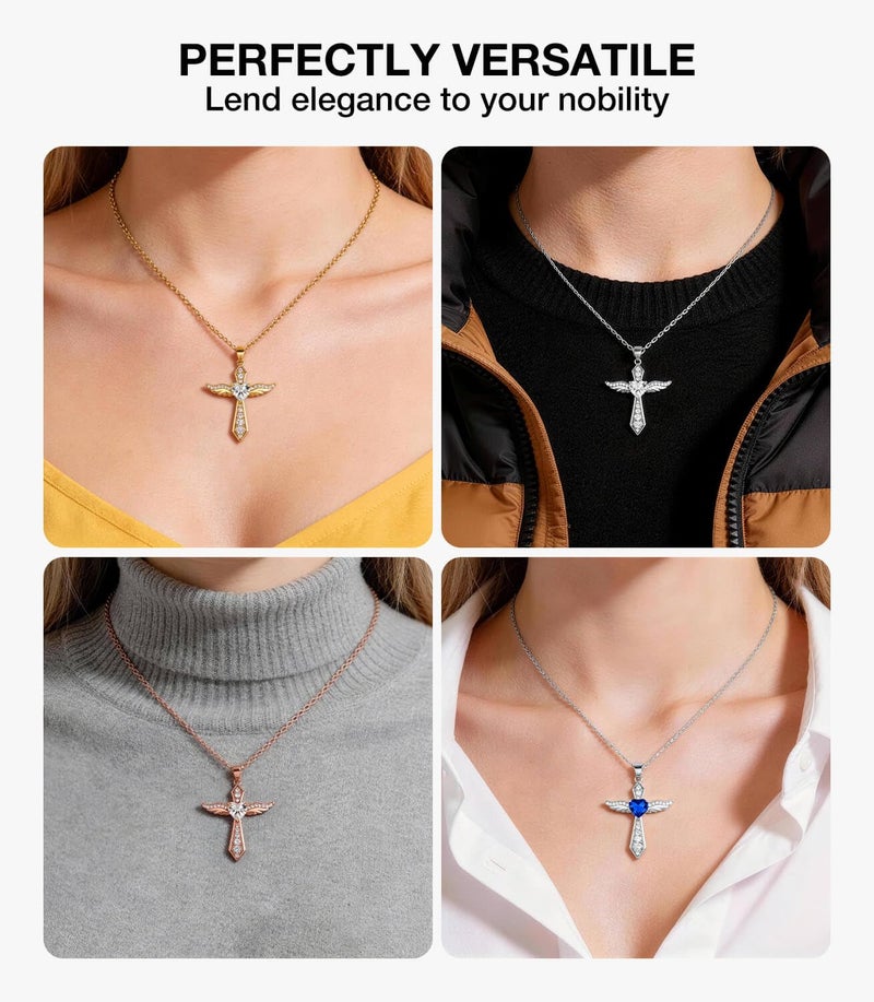 Lovans 925 Sterling Silver Cross Necklaces for Women,14K White Gold Plated Angel Wings Cross Pendant Necklace with Cubic Zirconia - Image 5
